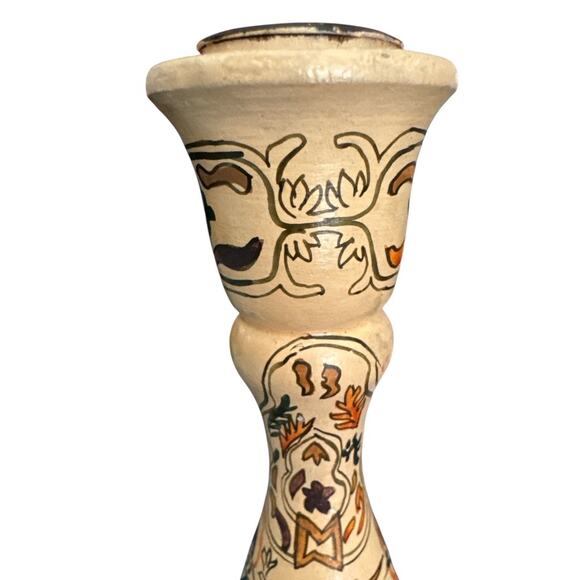 Unique Hand Painted Floral Neutral Colors Wooden Candle Holders Set of 2 - Picture 5 of 10